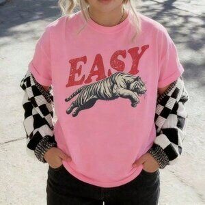 Pink Casual Women's Graphic Tiger Crew Neck Short Sleeve Top
